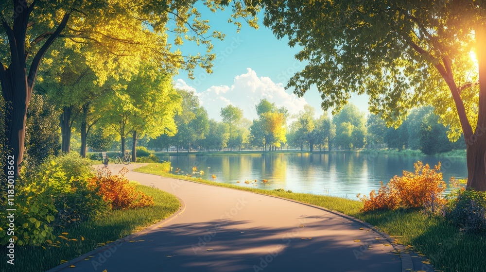 Serene lakeside park path on a sunny day. Serene lakeside park path on a sunny day.