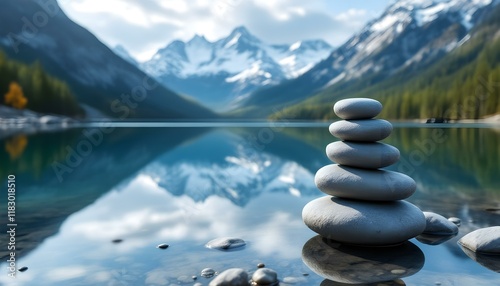 zen, stones, stacked, balanced, lake, still, water, reflection, snowcapped, mountains, range, serene, tranquil, harmony, nature, peaceful, meditative, scenic, outdoors, natural, calm, alignment photo