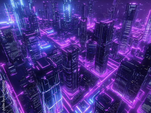 Wallpaper Mural A hyper-realistic cyberpunk city skyline at night, glowing with purple, green, blue and cyan neon lights, futuristic architecture Torontodigital.ca