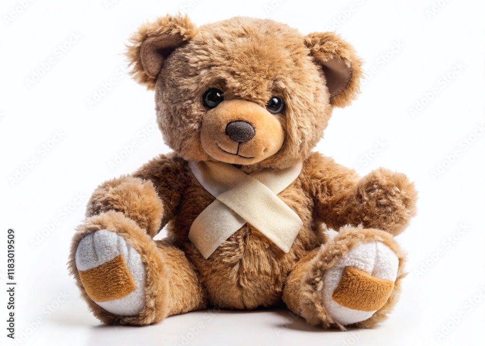 Fototapeta premium Injured Teddy Bear with Bandage, Isolated White Background - Cute Stock Photo