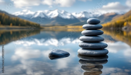 zen, stones, stacked, balanced, lake, still, water, reflection, snowcapped, mountains, range, serene, tranquil, harmony, nature, peaceful, meditative, scenic, outdoors, natural, calm, alignment photo