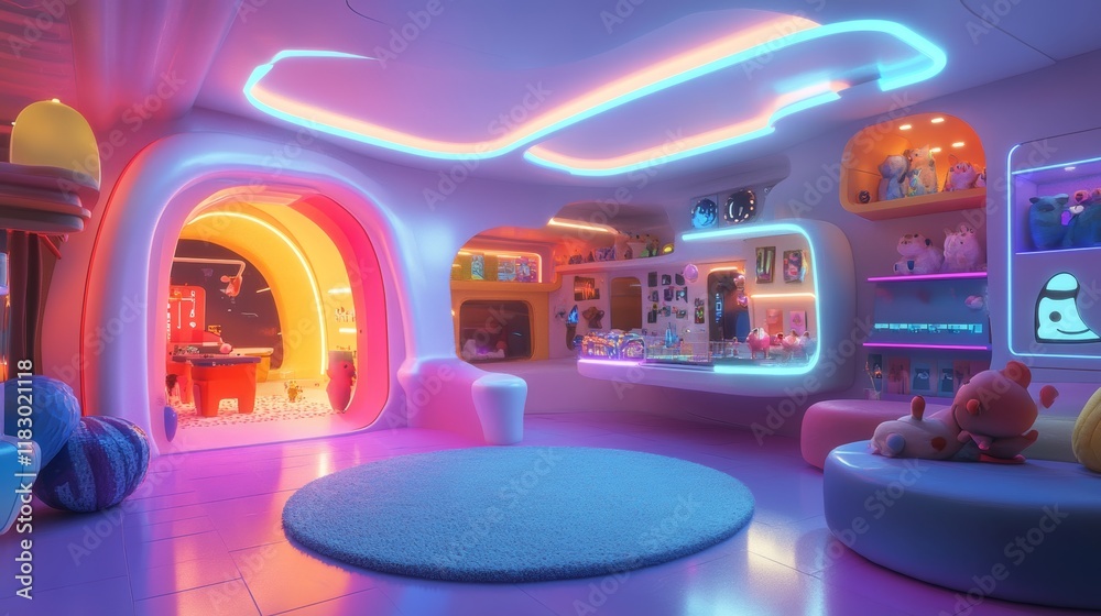 custom made wallpaper toronto digitalCozy and Colorful Playroom Interior with Neon Lights and Plush Toys Designed for Child-Friendly Spaces, Featuring Vibrant Colors and Soft Textures