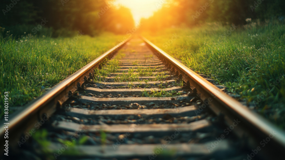 Fototapeta premium Railway tracks stretching into sunset, surrounded by lush greenery, create serene and tranquil atmosphere. warm light enhances beauty of scene