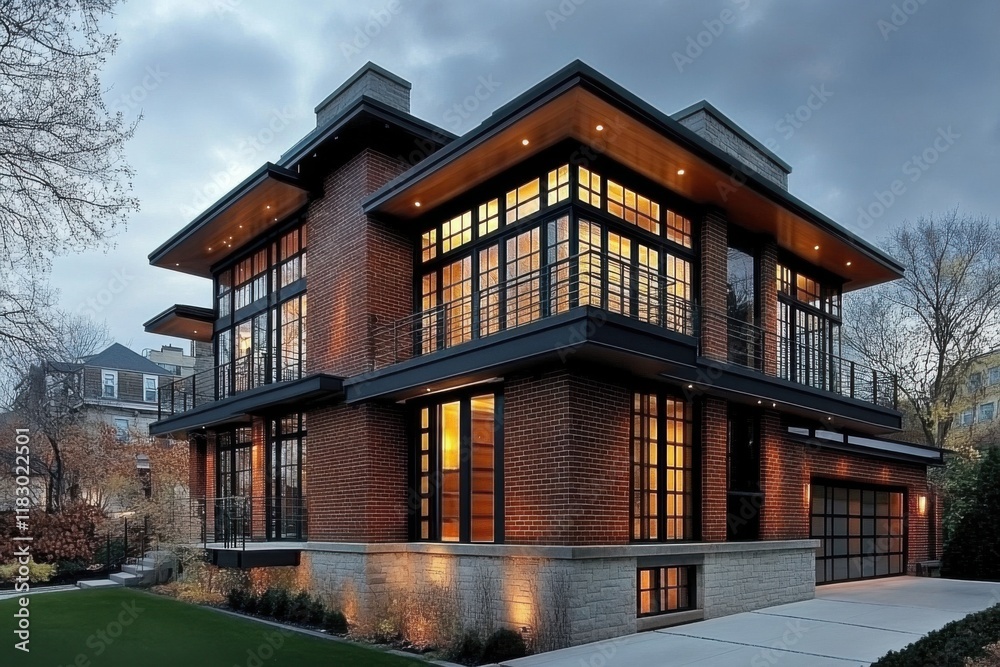 Fototapeta premium Stylish modern architecture featuring a spacious brick house with large windows and a contemporary design surrounded by greenery during twilight