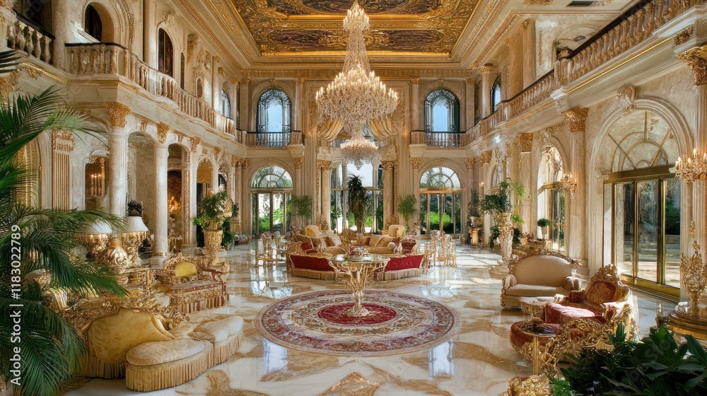 Fototapeta premium Luxury office interior, marble flooring, high-end furniture, and chandeliers,