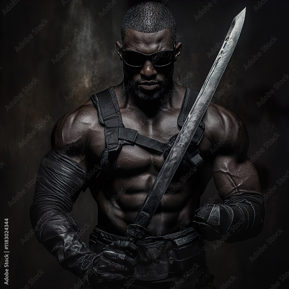 Muscular Black Warrior with Sword: Dark Portrait Muscular Black Warrior with Sword: Dark Portrait