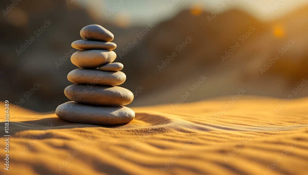 Obraz premium zen, stones, stacked, tower, sand, dunes, golden, balance, serene, tranquil, harmony, nature, peaceful, meditative, scenic, outdoors, natural, calm, alignment, symmetry, mindfulness, picturesque,