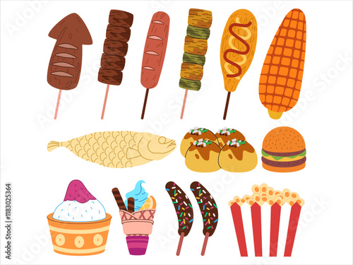 Festival foods snack dessert cuisine street food popcorn hamburger squid sausage grilled shashlik satay corndog roasted corn fried fish Takoyaki shaved ice ice-cream banana coated chocolate sweet
