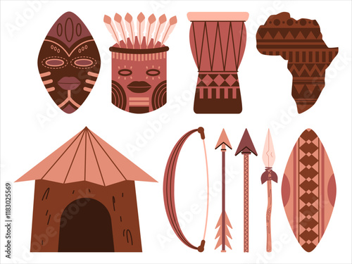 African culture Maasai spear Bakongo masks Africa weapon shield bow arrow spears traditional percussion music instrument Djembe map cultural pattern design icons set collection