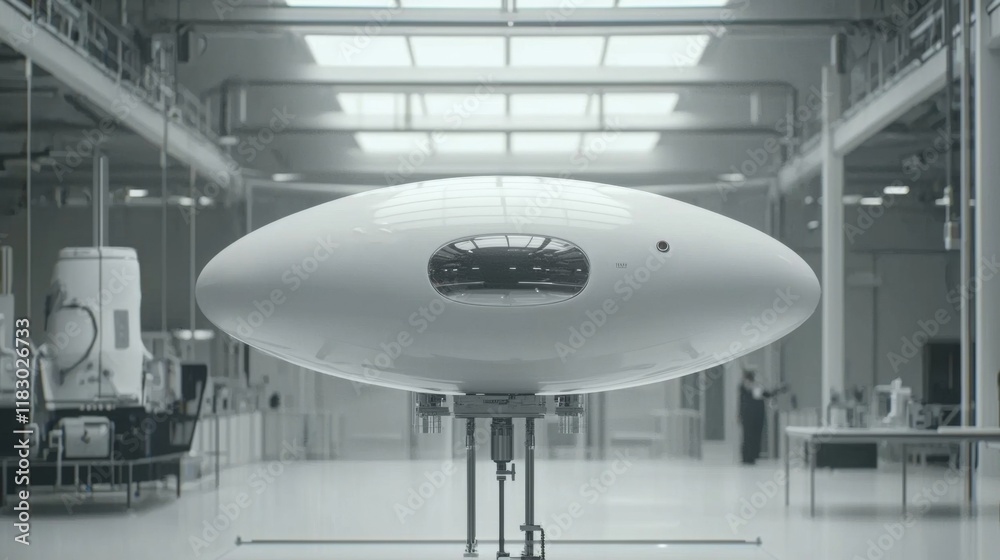 Fototapeta premium Futuristic White Flying Object in High-Tech Laboratory Setting with Bright Natural Light and Advanced Equipment