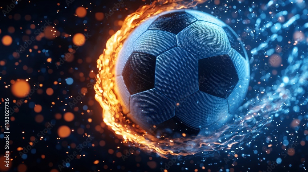 Fototapeta premium Dynamic soccer ball surrounded by flames and sparks