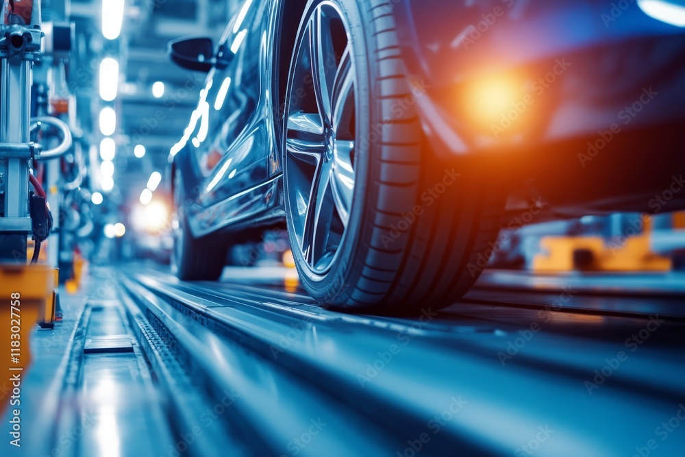 High-Quality Close-Up of Car Tire on Production Line in Modern Auto Manufacturing Facility with Industrial Background and Enhanced Lighting Effects