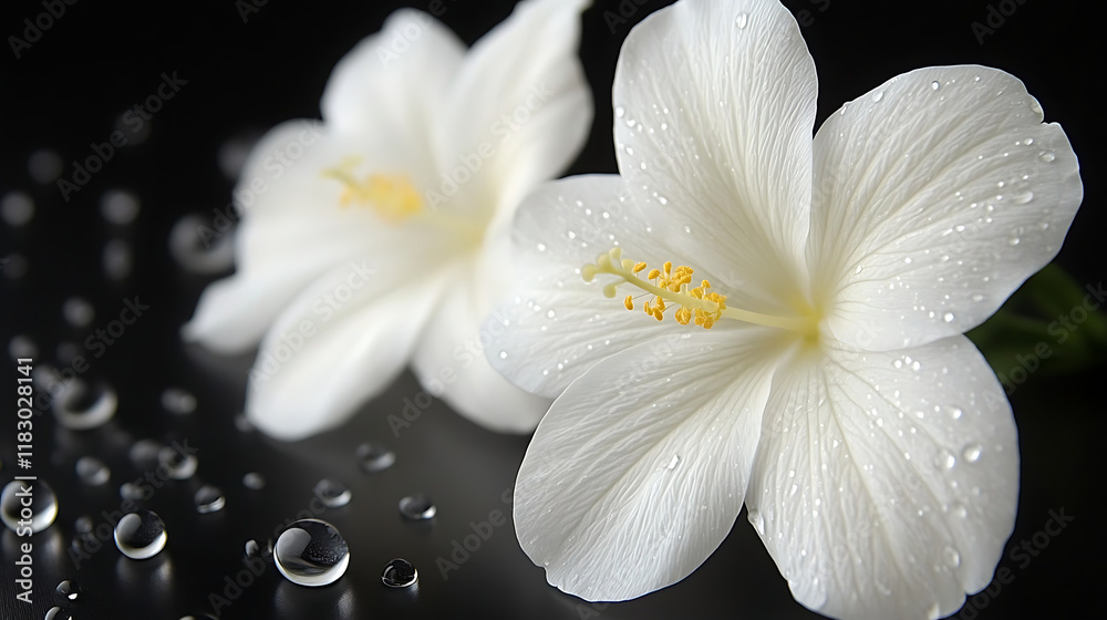 Fototapeta premium Two White Hibiscus Flowers with Yellow Centers and Droplets