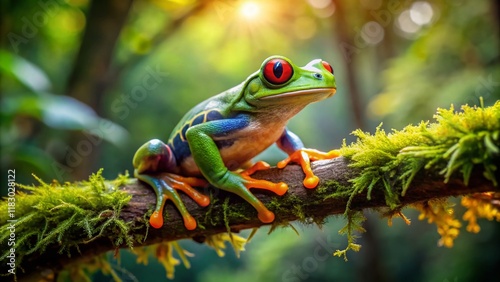 Java Flying Frog on Branch - Vivid Green Amphibian in Rainforest Habitat