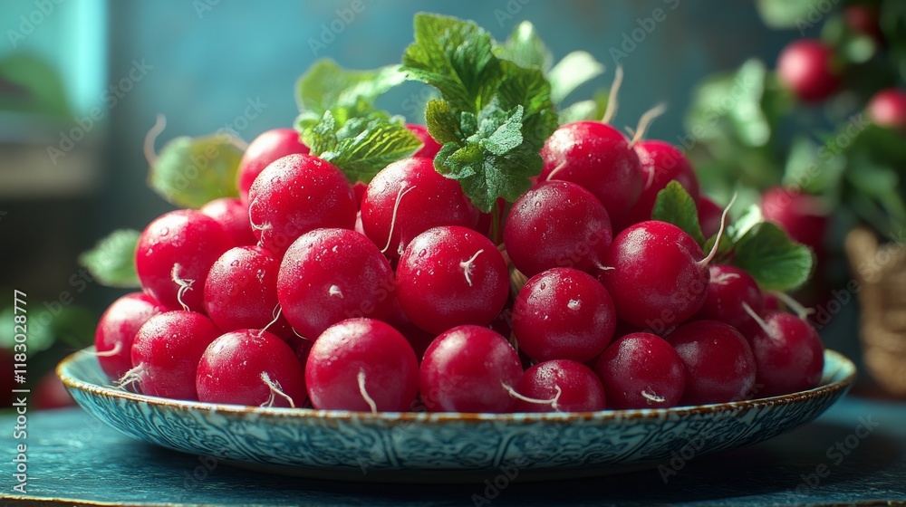 Fresh Radishes Stacked on Decorative Plate Surrounded by Green Leaves and Vibrant Colors in Bright Natural Light for Healthy Eating and Cooking Inspiration Fresh Radishes Stacked on Decorative Plate Surrounded by Green Leaves and Vibrant Colors in Bright Natural Light for Healthy Eating and Cooking Inspiration