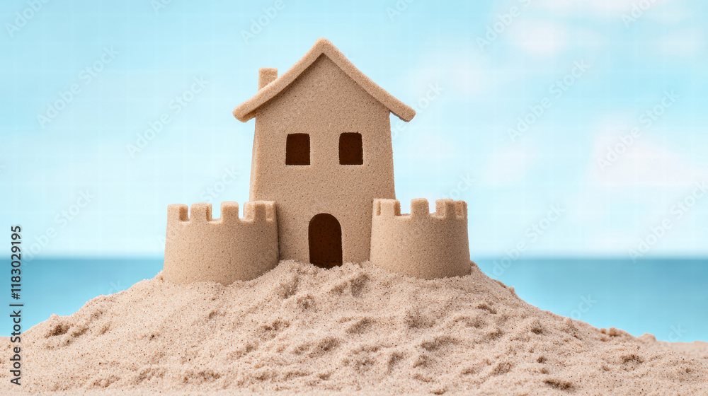 A sandcastle shaped like a house, sitting on a sandy beach with a serene ocean backdrop under a clear sky. A sandcastle shaped like a house, sitting on a sandy beach with a serene ocean backdrop under a clear sky.