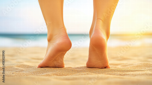 A person walks barefoot on golden sand by the beach, with gentle waves and a warm sunset in the background.
