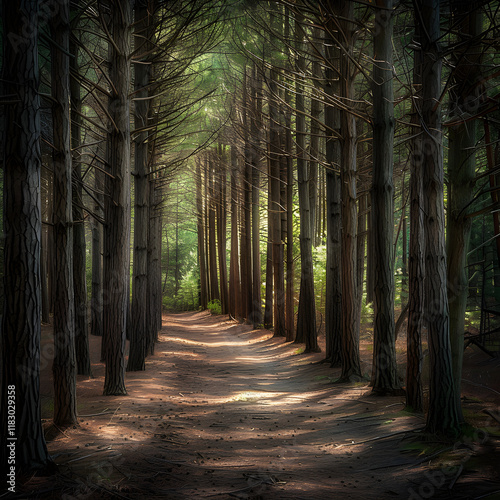 Serene Pine Forest with Sunlit Pathway and Dappled Shadows - Tranquil Nature Escape photo