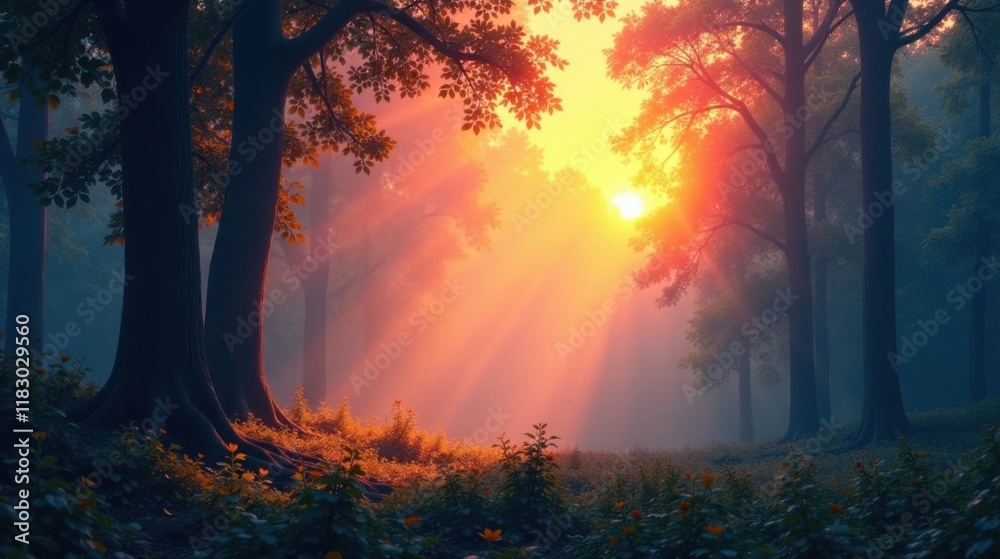 Golden Sunrise Rays Illuminating a Misty Forest Scene Golden Sunrise Rays Illuminating a Misty Forest Scene