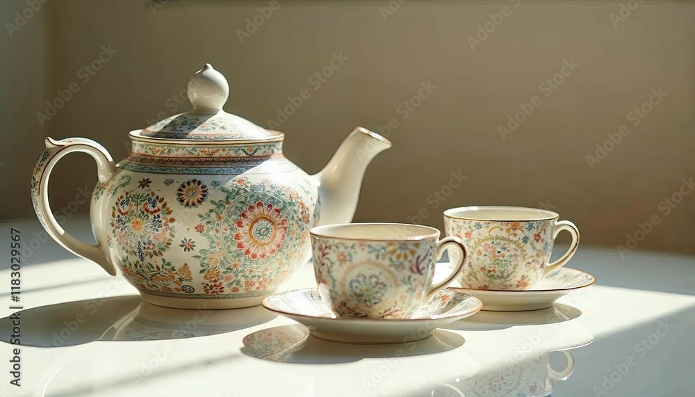 Floral Teapot and Cups: A Serene, Sunlit Still Life Floral Teapot and Cups: A Serene, Sunlit Still Life
