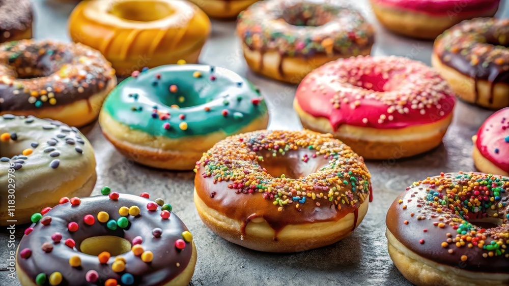 A delectable assortment of assorted donuts, each uniquely decorated with colorful sprinkles and vibrant icing, sits on a mottled gray surface.