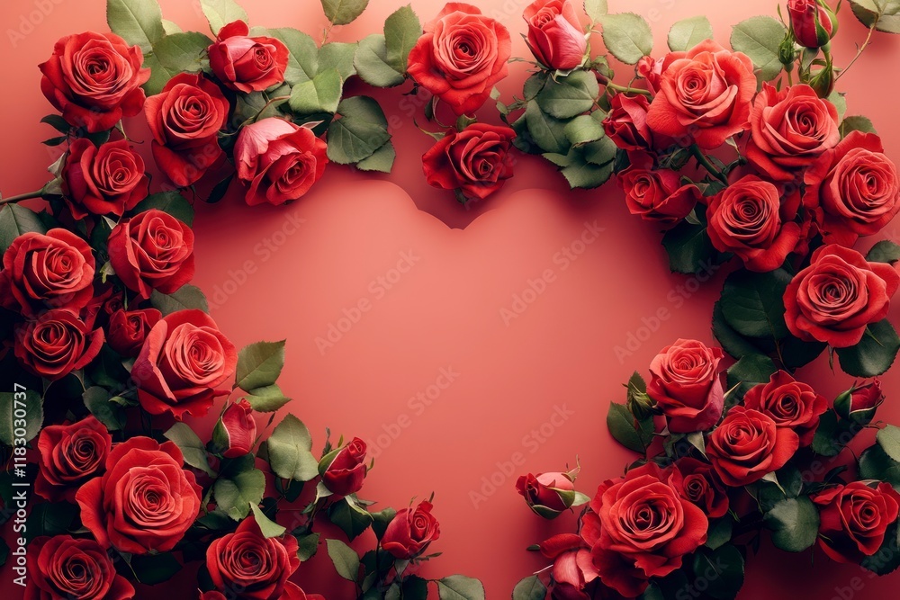 Romantic Heart Shaped Arrangement of Red Roses on a Soft Red Background Perfect for Valentine's Day Celebrations and Love Themed Events Romantic Heart Shaped Arrangement of Red Roses on a Soft Red Background Perfect for Valentine's Day Celebrations and Love Themed Events