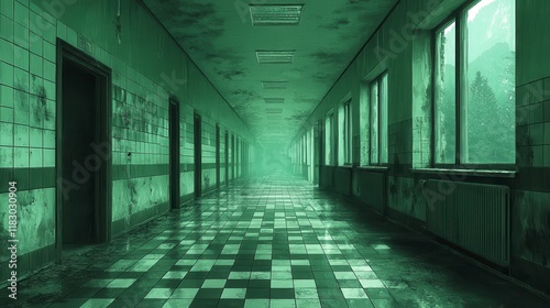 Eerie, long, green-tinged corridor in an abandoned building with damaged walls, doors, and checkered floor. photo