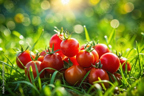 Juicy Cherry Tomatoes Scattered in Lush Green Grass - Summer Harvest photo