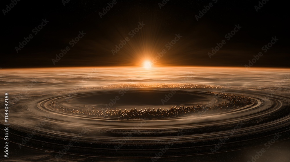 Majestic View of Celestial Ring System Under Glowing Sunrise in Outer Space