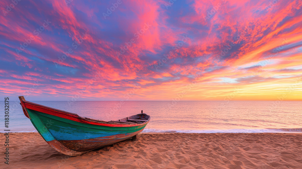 A vibrant sunset casts colorful hues over a serene beach, featuring a wooden boat resting on the sand, creating a tranquil coastal scene. A vibrant sunset casts colorful hues over a serene beach, featuring a wooden boat resting on the sand, creating a tranquil coastal scene.