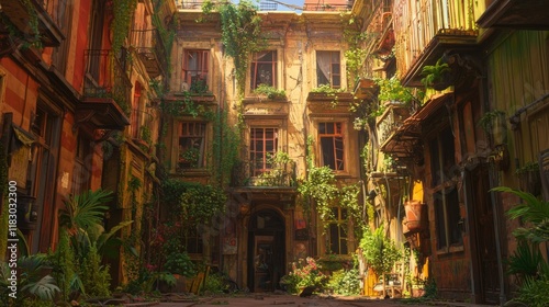 Abandoned Urban Courtyard Surrounded by Overgrown Vegetation in Sunlight with Textured Walls and Artistic Charm photo