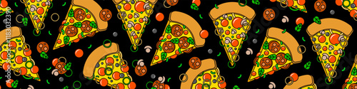 Pizza backdrop. Cartoon slice of pizza pattern on black background. Pizza with sausage, mushrooms, tomatoes and cheese. Vector illustration EPS 10