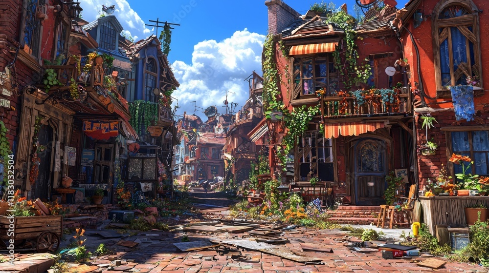 Fototapeta premium Abandoned Village With Overgrown Plants Under Bright Blue Skies and Fluffy Clouds