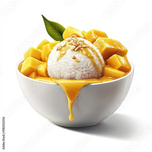 a bowl of Thai mango sticky rice, dessert collection, watercolor illustration, vibrant tones, isolated on white background