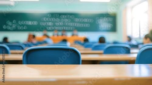 A classroom setting with blue chairs and wooden desks, blurred students in the background, creating an atmosphere of learning and education.