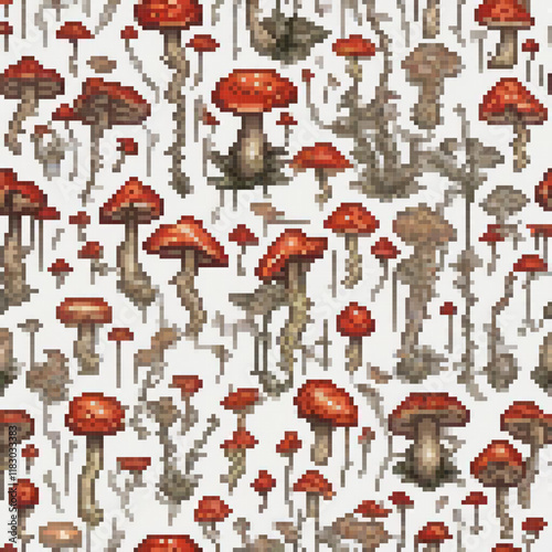 Red mushrooms in pixel art on a pristine white backdrop.