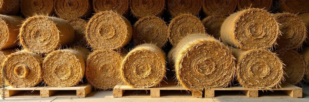 Bundles of wheat straw bales stacked on a wooden pallet, natural, rustic Bundles of wheat straw bales stacked on a wooden pallet, natural, rustic