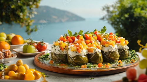 Plate of vibrant stuffed vegetables garnished with fresh herbs and colorful toppings. photo