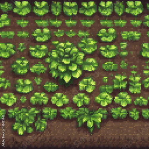Vintage pixel art of a lush green field
