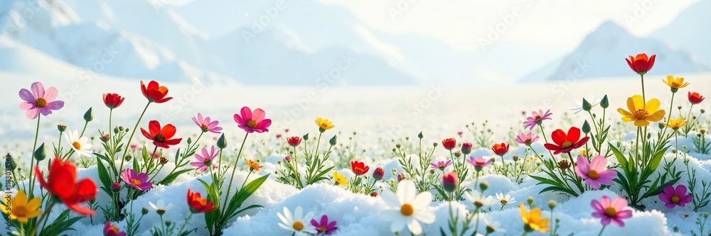 Fototapeta premium Colorful wildflowers scattered on a snow-covered field, isolated flowers, countryside, nature