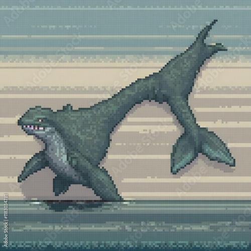 Pixel art of a shark leaping from the ocean depths