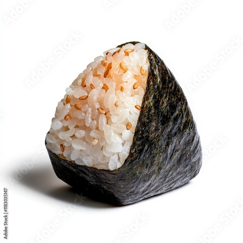 a Japanese onigiri rice ball, snack element, simple minimalist style, bold contrasts, isolated on white background