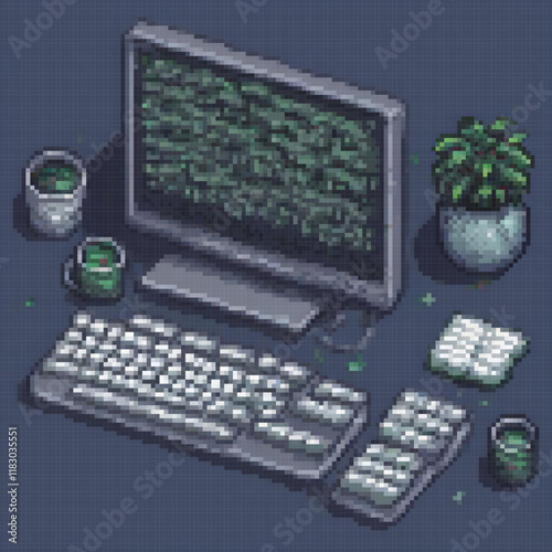 Pixel art of a computer setup with a keyboard, mouse, and a plant
