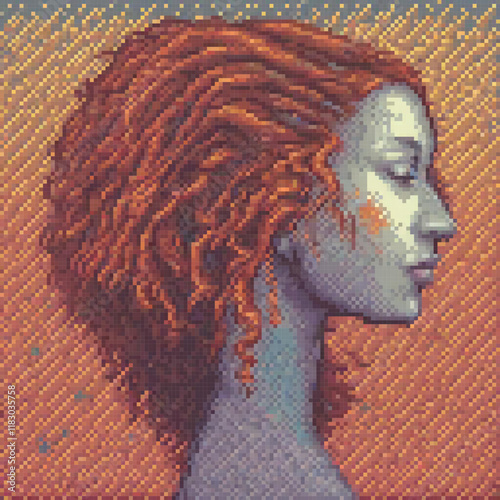 Red-haired woman in pixel art cross stitch pattern
