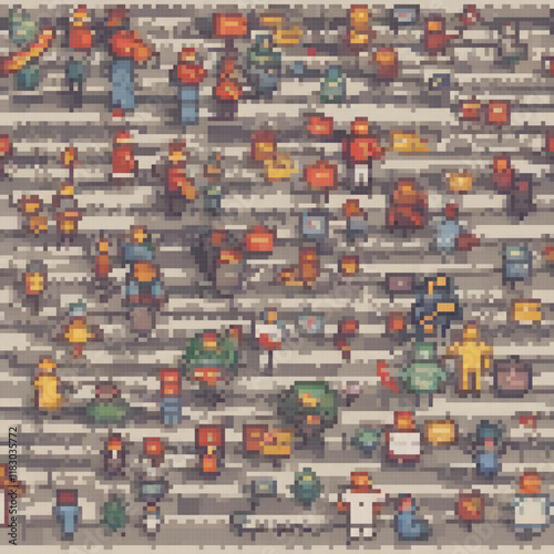 Pixel art depicting a bustling city street scene.
