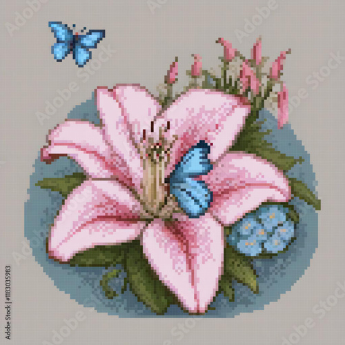 Handcrafted pixel art cross stitch lily with blue butterflies.