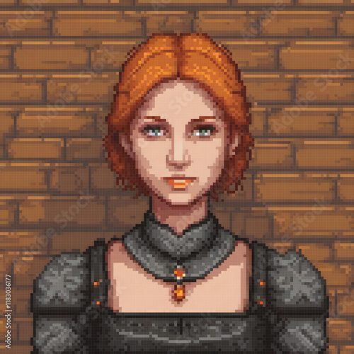 Redhead woman in pixel art, standing by brick wall