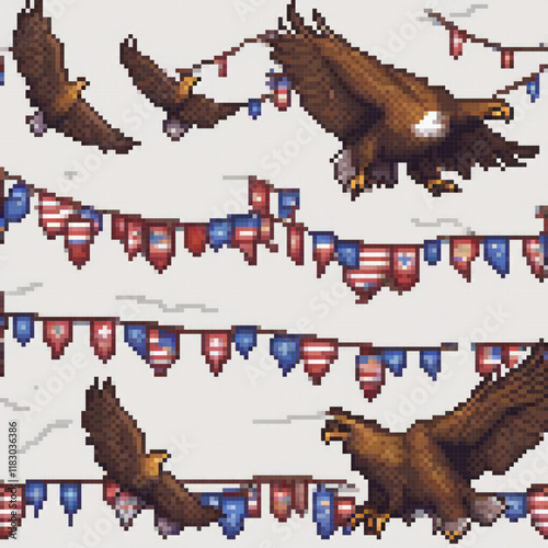 Bald eagles soaring over a patriotic banner with American flags.