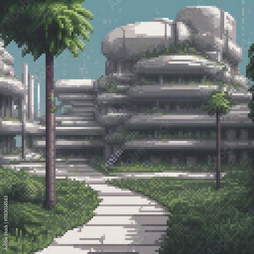 Futuristic cityscape with lush greenery in pixel art style.