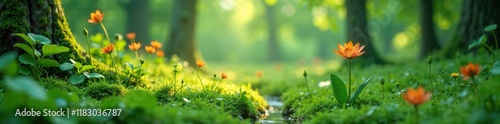 Fuzzy reedland forest floor with drooping lily, reeds, plants, greenery photo